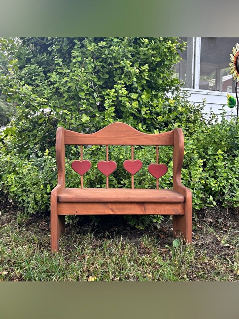Vintage Farmhouse Small Primitive Rustic Cottage Wooden Doll Bench w/Hearts
